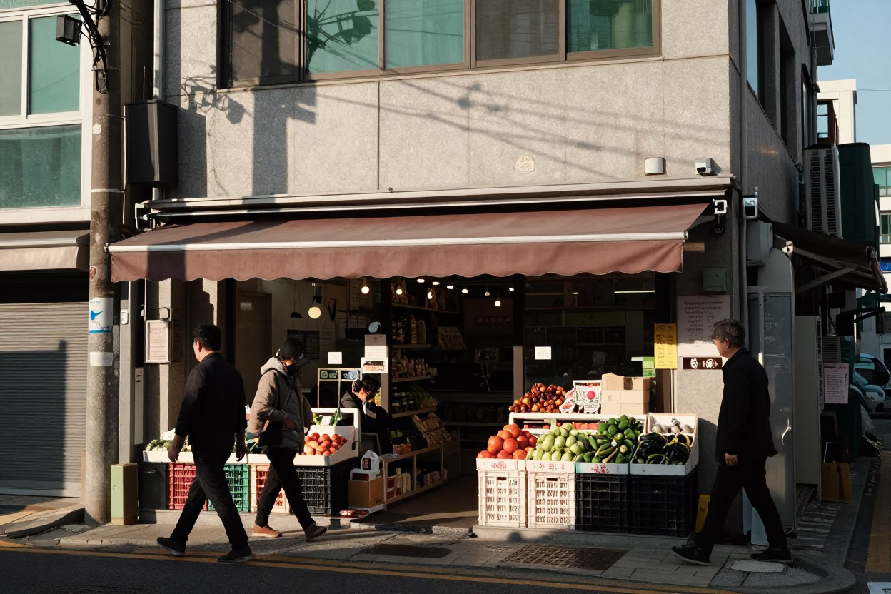 Busy Busan Street Scene Early Afternoon with Local Shopfront and Pedestrians in in Busan, South Korea