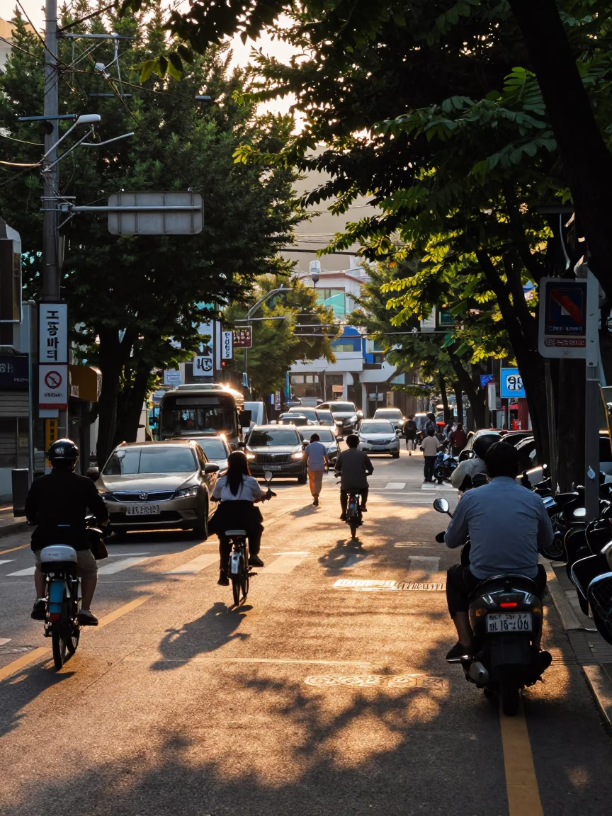 Busy Busan Street Scene Late Afternoon with Wicker Shadow and Motorcycle on Mountain Switchback in in Busan, South Korea