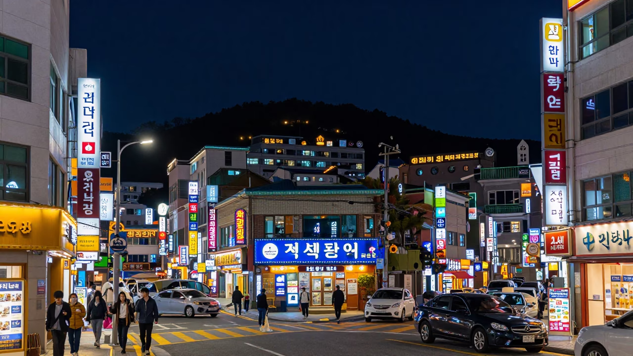 Busy Busan Street Scene Under Deep Night Sky With Umbrellas And Lived-In Details in in Busan, South Korea