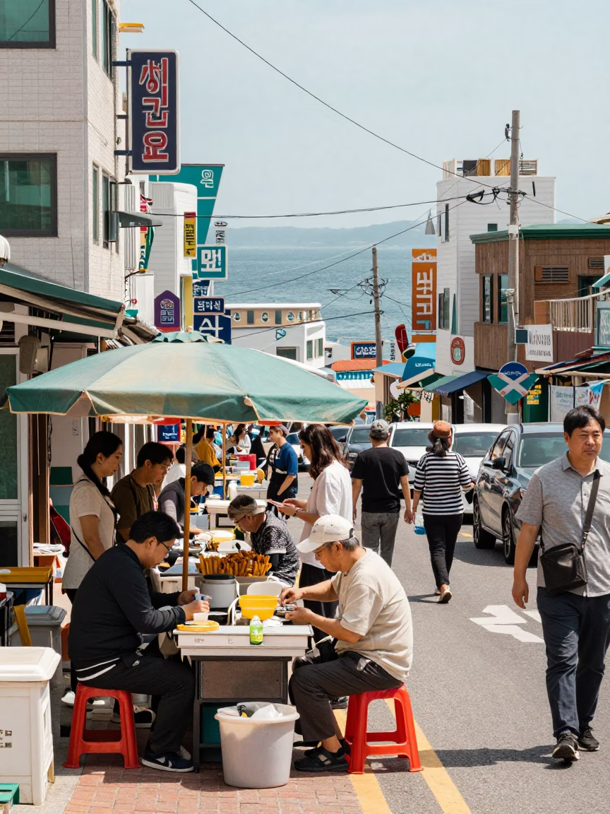 Busy Busan Street Scene Under Flat Noon Glare with Local Vendor and Wicker Shadow in in Busan, South Korea
