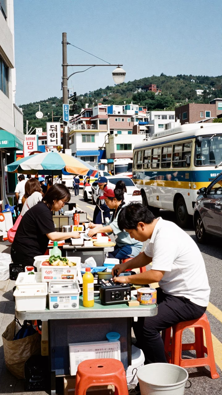Busy Busan Street Scene Under Noon Glare with Mechanical Pencil and Drawer Knob in in Busan, South Korea