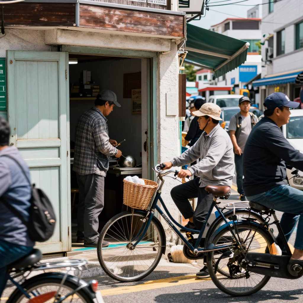 Busy Busan Street Scene with Bicycle and Ladle in Bright Midmorning Light in in Busan, South Korea