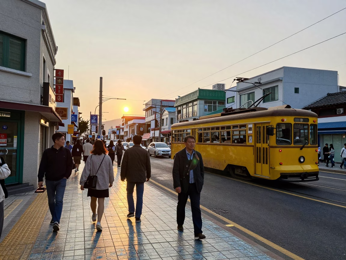 Busy Busan Street Scene with Ceramic Tiles and Tram at Sunset in in Busan, South Korea