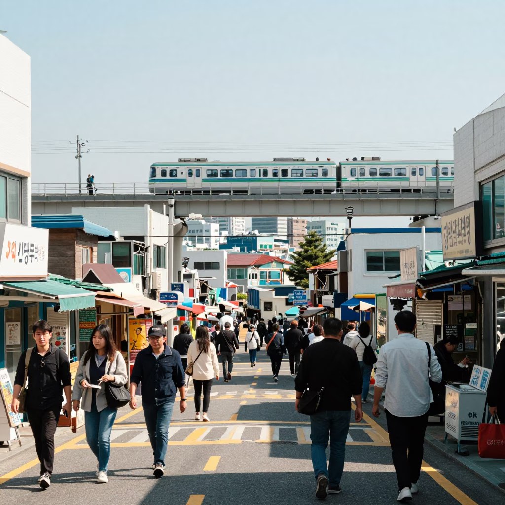 Busy Busan Street Scene with Commuter Train Bridge and Local Market Activity in in Busan, South Korea