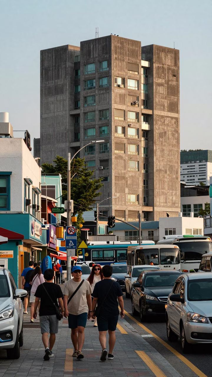 Busy Busan Street Scene with Concrete Brutalist Architecture and Local Market Activity in in Busan, South Korea
