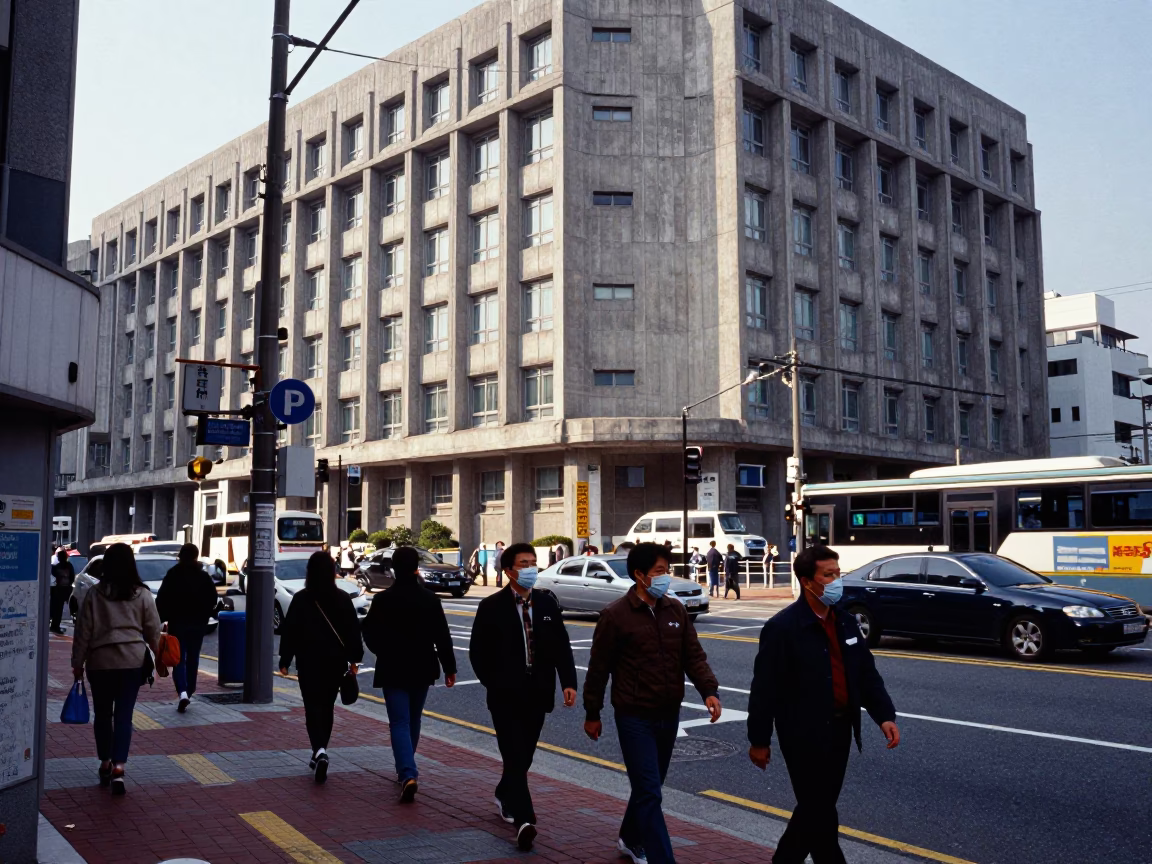 Busy Busan Street Scene with Concrete Brutalist University Building and Local Activity in in Busan, South Korea