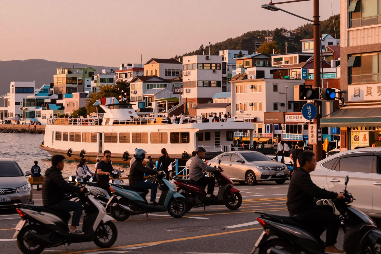 Busy Busan Street Scene with Ferry and Motorcycles in Copper Dusk Light in in Busan, South Korea