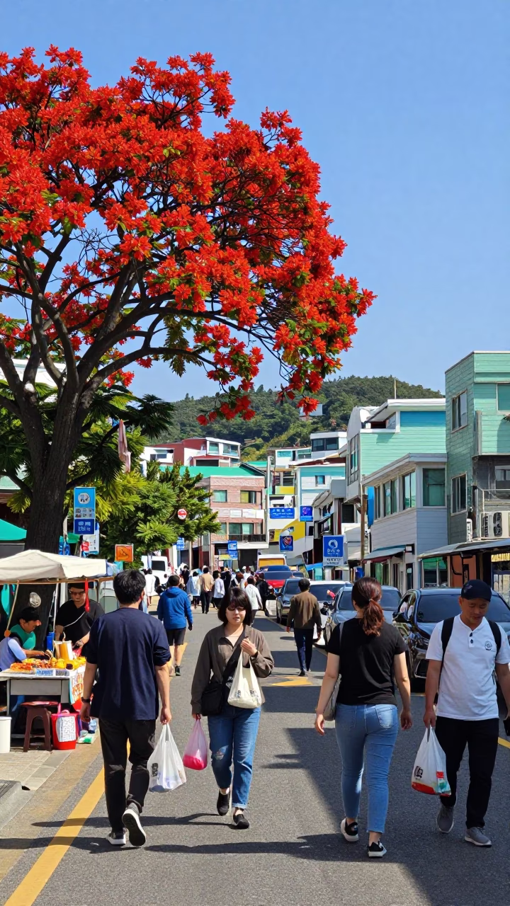 Busy Busan Street Scene with Flame Tree and Blue White Porcelain Plate at Midday in in Busan, South Korea