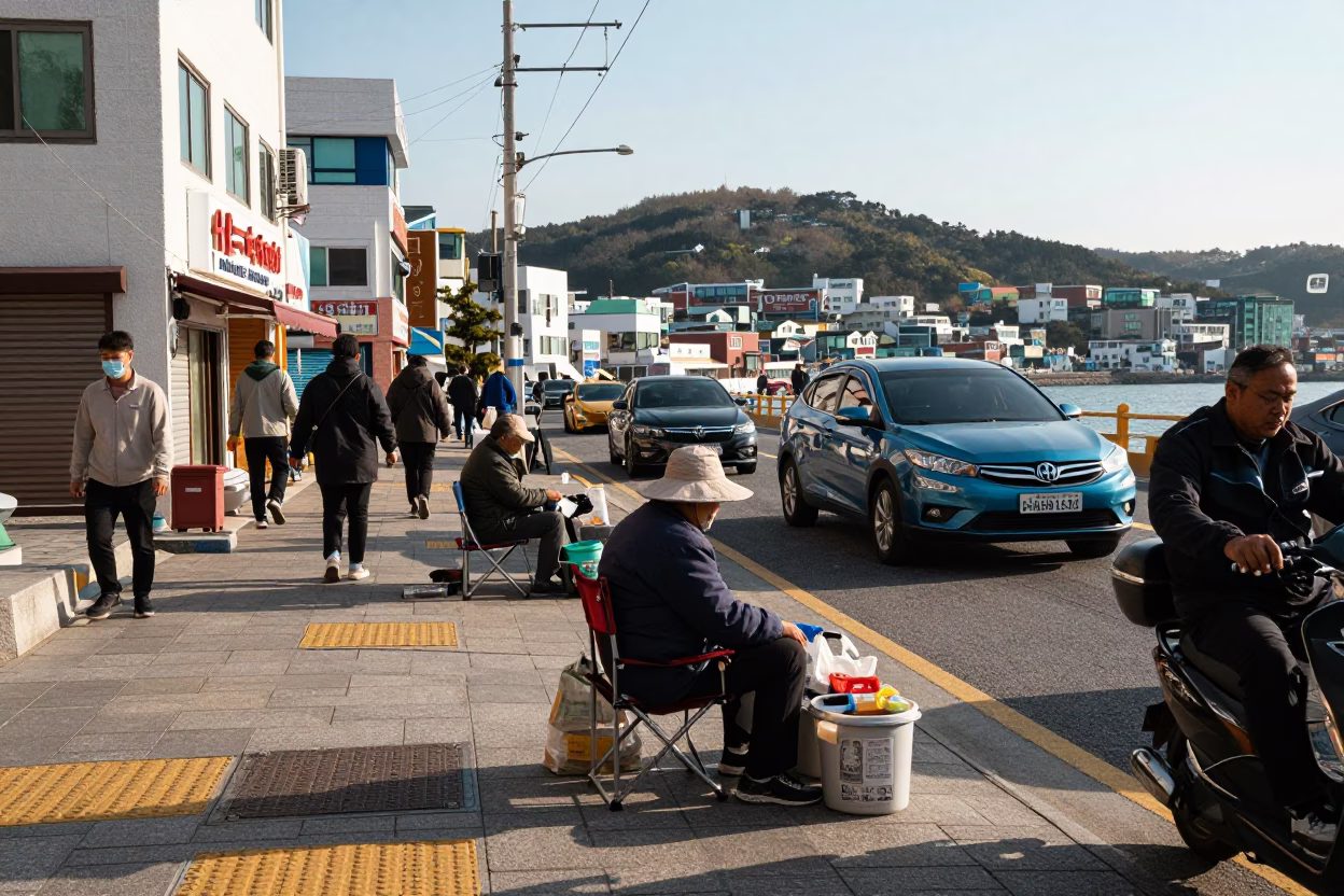 Busy Busan Street Scene with Folding Chair and Pilot Boat in Late Afternoon Light in in Busan, South Korea