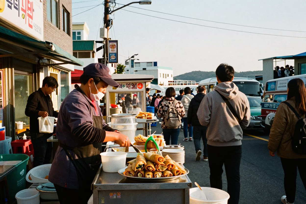 Busy Busan Street Scene with Food Stall and Cable Car View in in Busan, South Korea