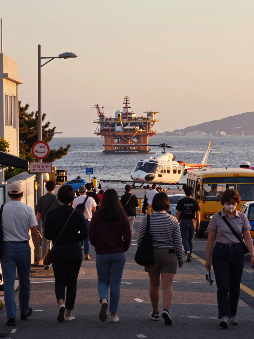 Busy Busan Street Scene with Helicopter Approaching Offshore Platform in Honeyed Evening Light in in Busan, South Korea