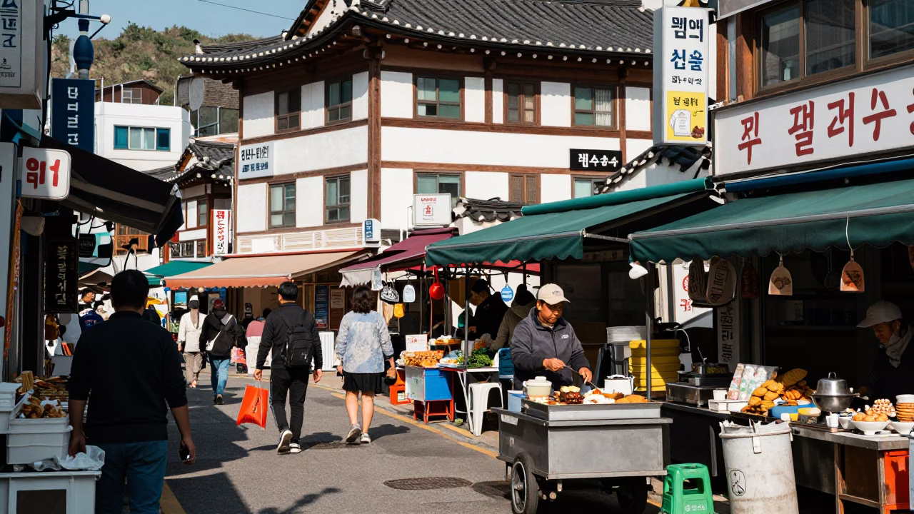 Busy Busan Street Scene with Local Food and Daily Life in in Busan, South Korea
