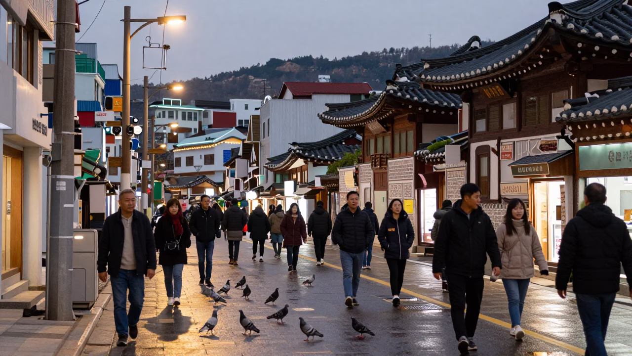 Busy Busan Street Scene with Pigeons and Traditional Architecture in Predawn Light in in Busan, South Korea