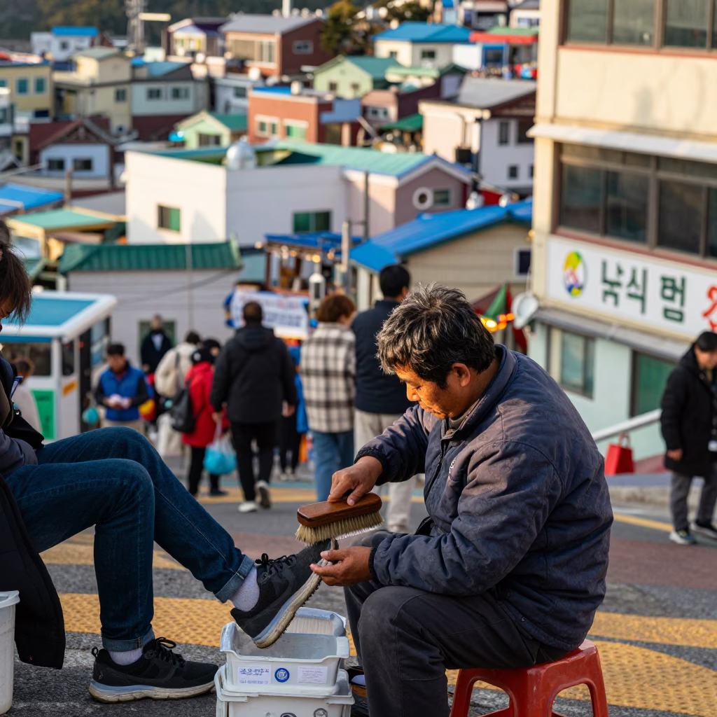 Busy Busan Street Scene with Shoe Brush and Aerial Tramway View in in Busan, South Korea