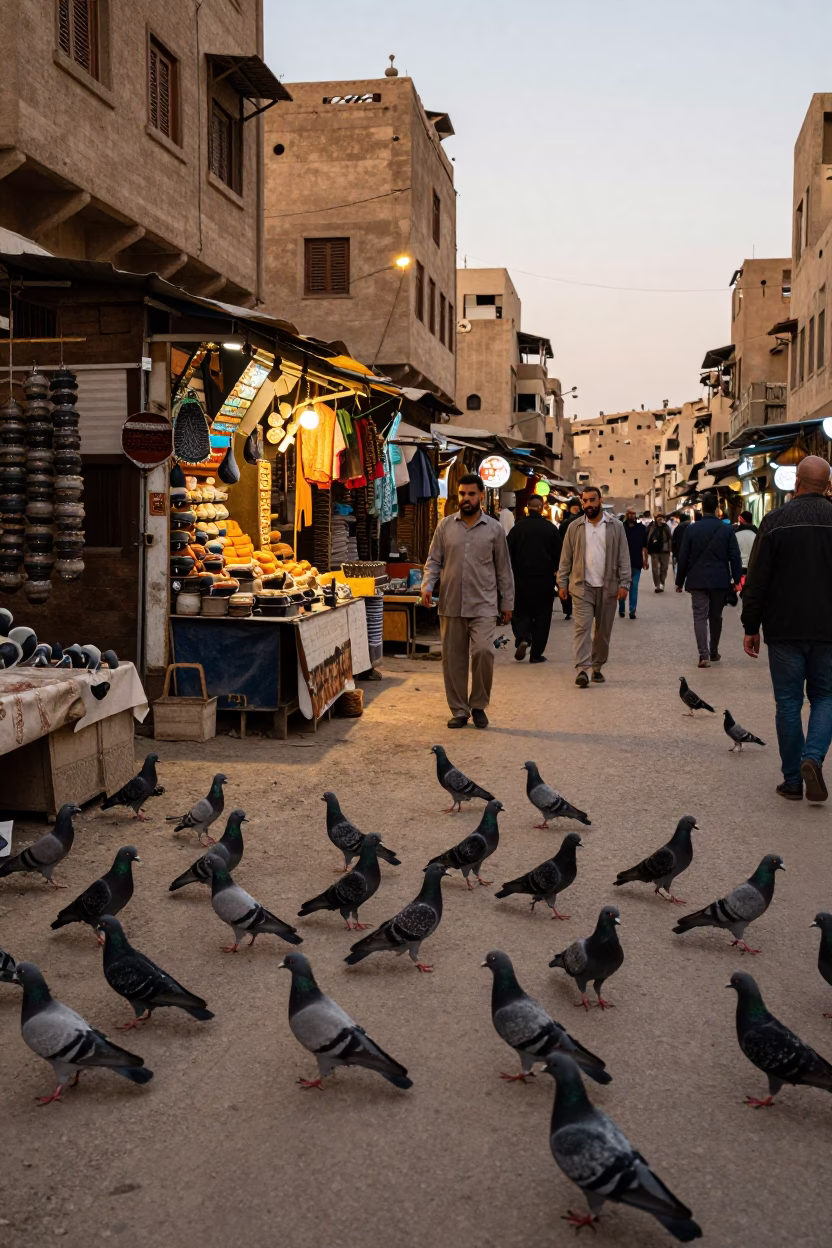 Busy Cairo Evening Street Scene with Pigeons and Traditional Boats in in Cairo, Egypt
