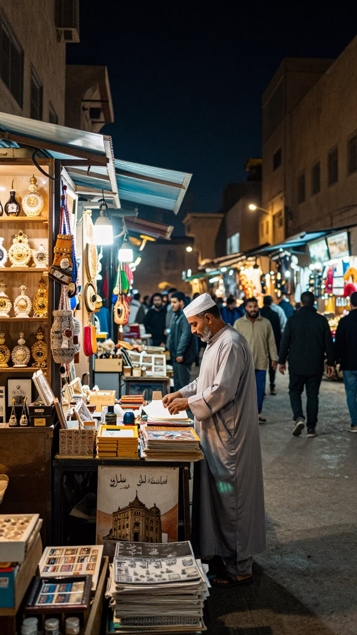 Busy Cairo Night Market Shopkeeper Amidst Midnight Activity and Traditional Decor in in Cairo, Egypt