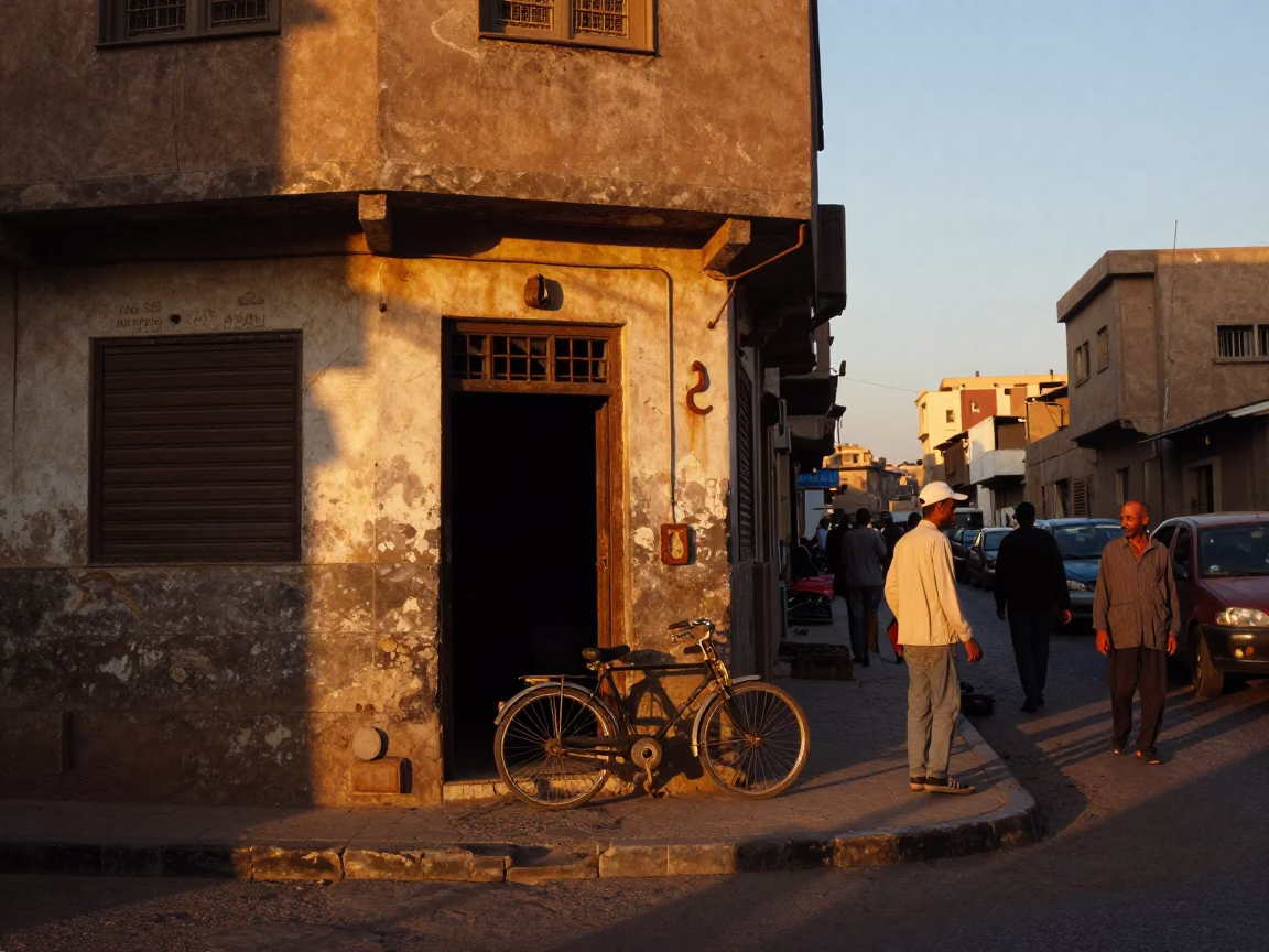 Busy Cairo Street Corner at Sunset with Rusty Hook Plate and Bicycle in in Cairo, Egypt