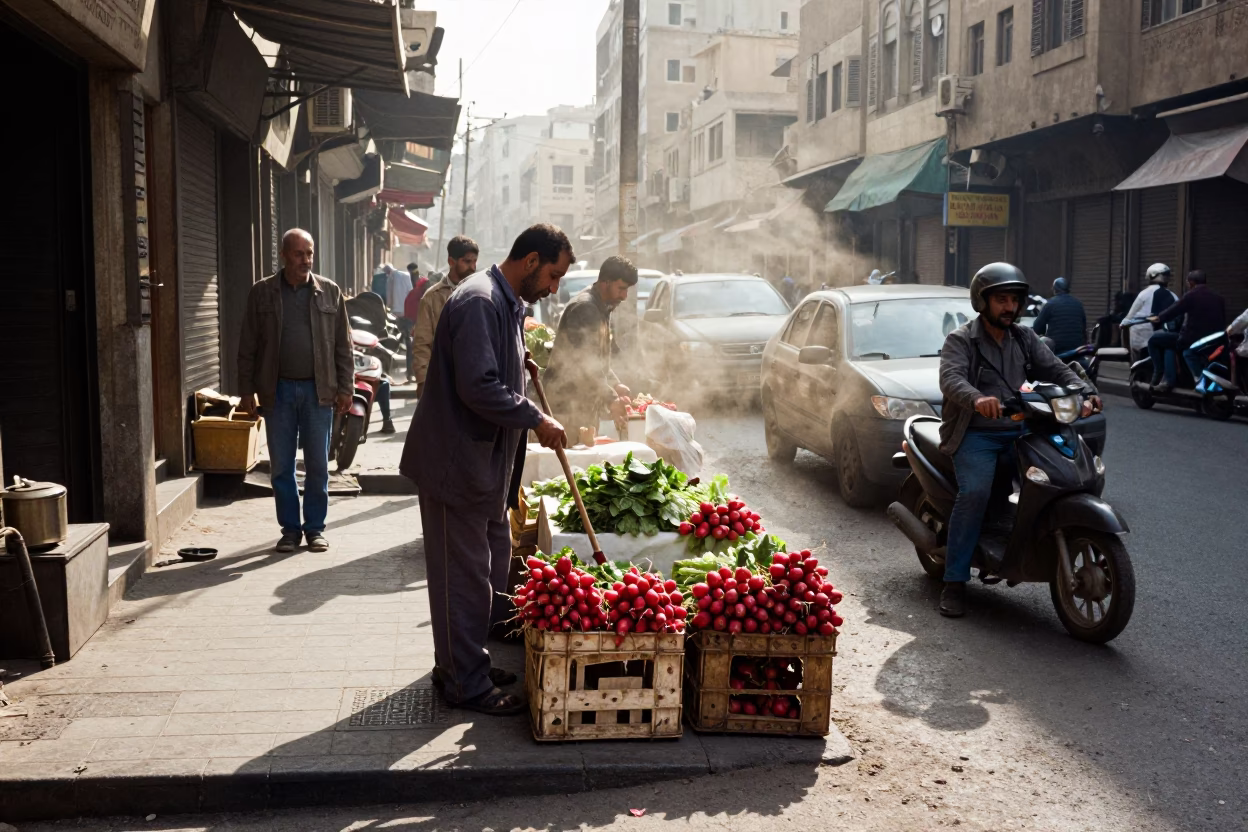 Busy Cairo Street Corner Late Morning with Dust Mop and Local Commerce in in Cairo, Egypt