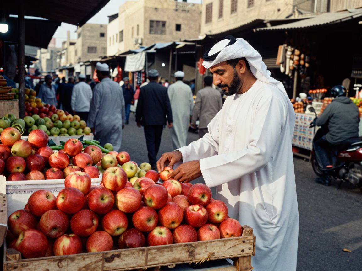 Busy Cairo Street Market Late Morning with Apples and Traditional Vendors in in Cairo, Egypt