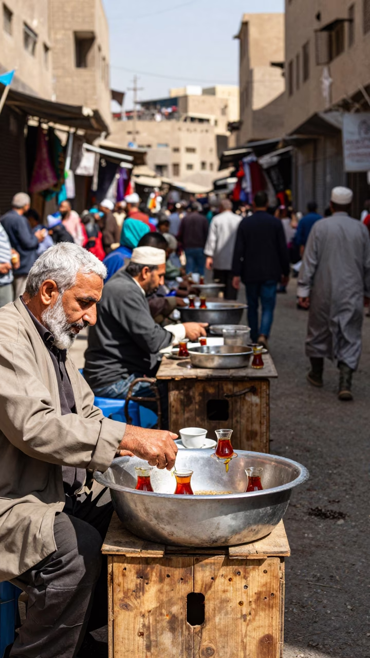 Busy Cairo Street Market Midday Scene with Traditional Tea and Local Commerce in in Cairo, Egypt