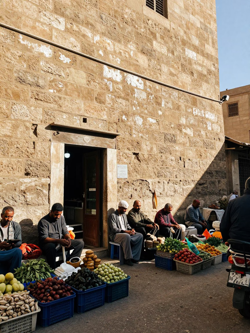 Busy Cairo Street Market Midday Sunlight Stone Wall and Daily Life in in Cairo, Egypt