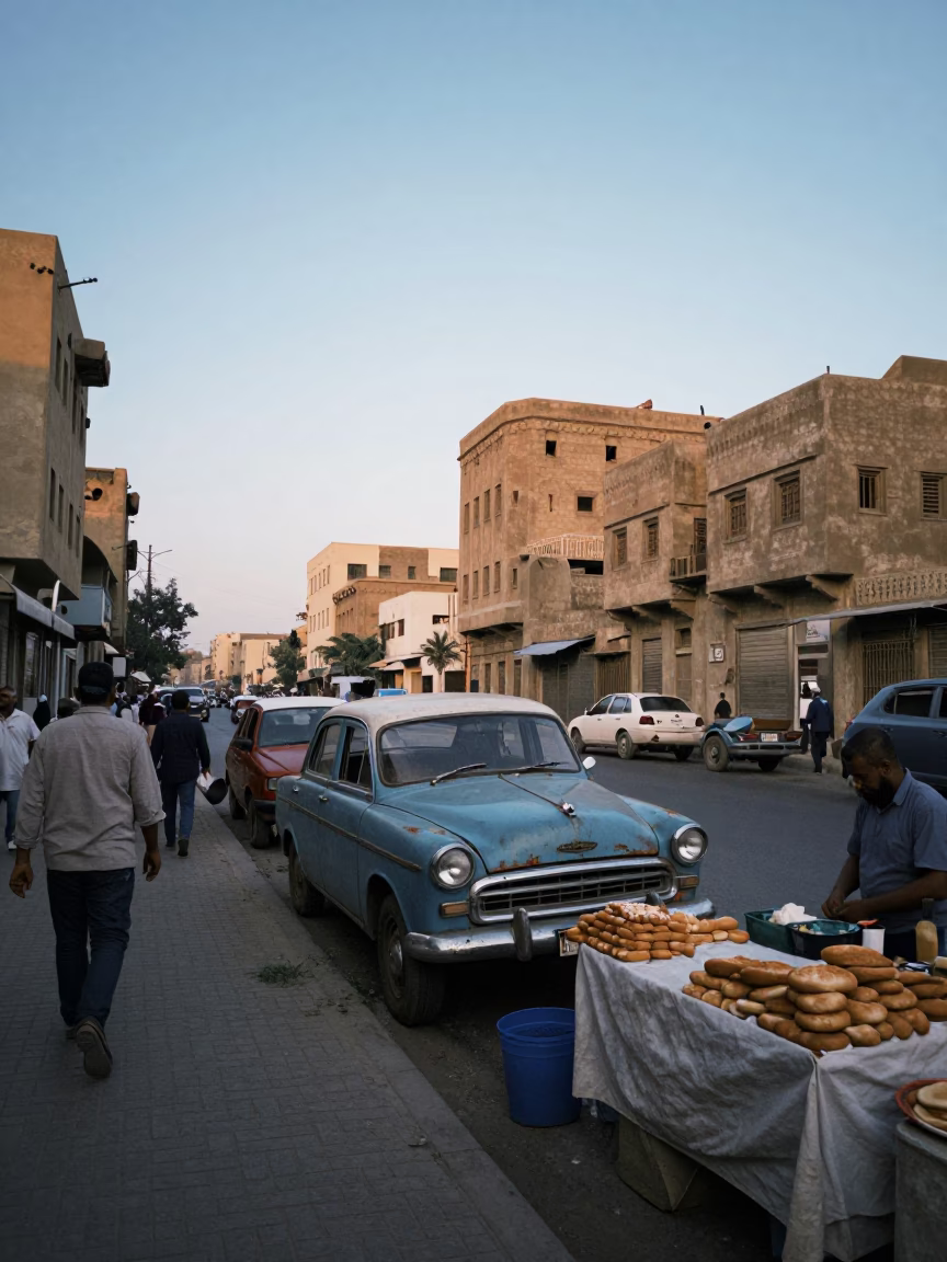 Busy Cairo Street Scene at Nautical Dawn with Old Car and Local Vendor in in Cairo, Egypt