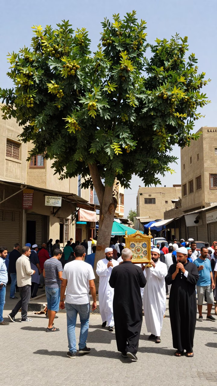 Busy Cairo Street Scene at Noon with Fig Tree and Traditional Procession in in Cairo, Egypt