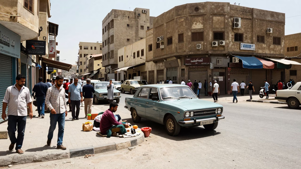 Busy Cairo Street Scene at Noon with Vintage 1970s Automobiles and Pedestrians in in Cairo, Egypt