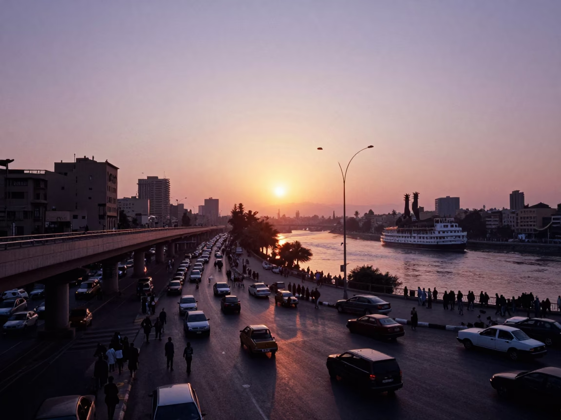 Busy Cairo Street Scene at Sunset with Overpass and River Traffic in in Cairo, Egypt