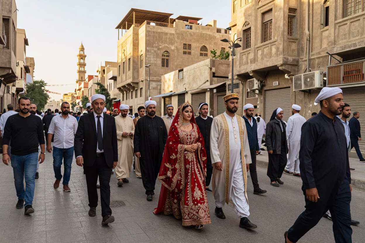 Busy Cairo Street Scene Early Afternoon Traditional Wedding Procession and Urban Life in in Cairo, Egypt