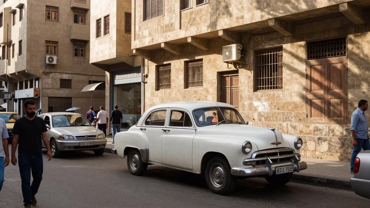 Busy Cairo Street Scene Early Afternoon with Vintage Car and Local Pedestrians in in Cairo, Egypt