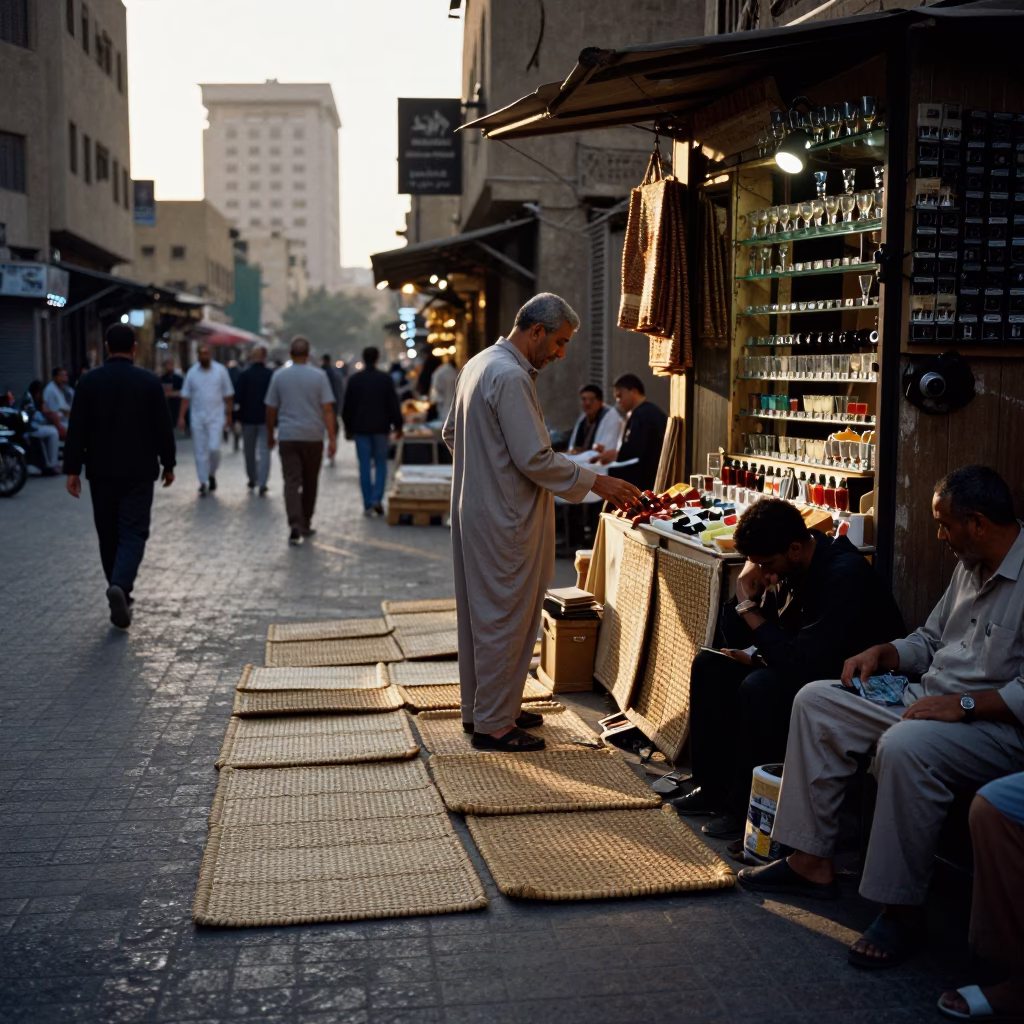 Busy Cairo Street Scene Early Evening with Woven Mats and Carafe in in Cairo, Egypt