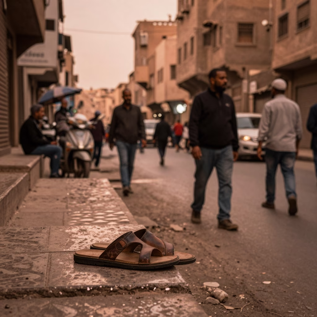 Busy Cairo Street Scene in Copper Toned Dusk Light with Slippers and Traditional Architecture in in Cairo, Egypt