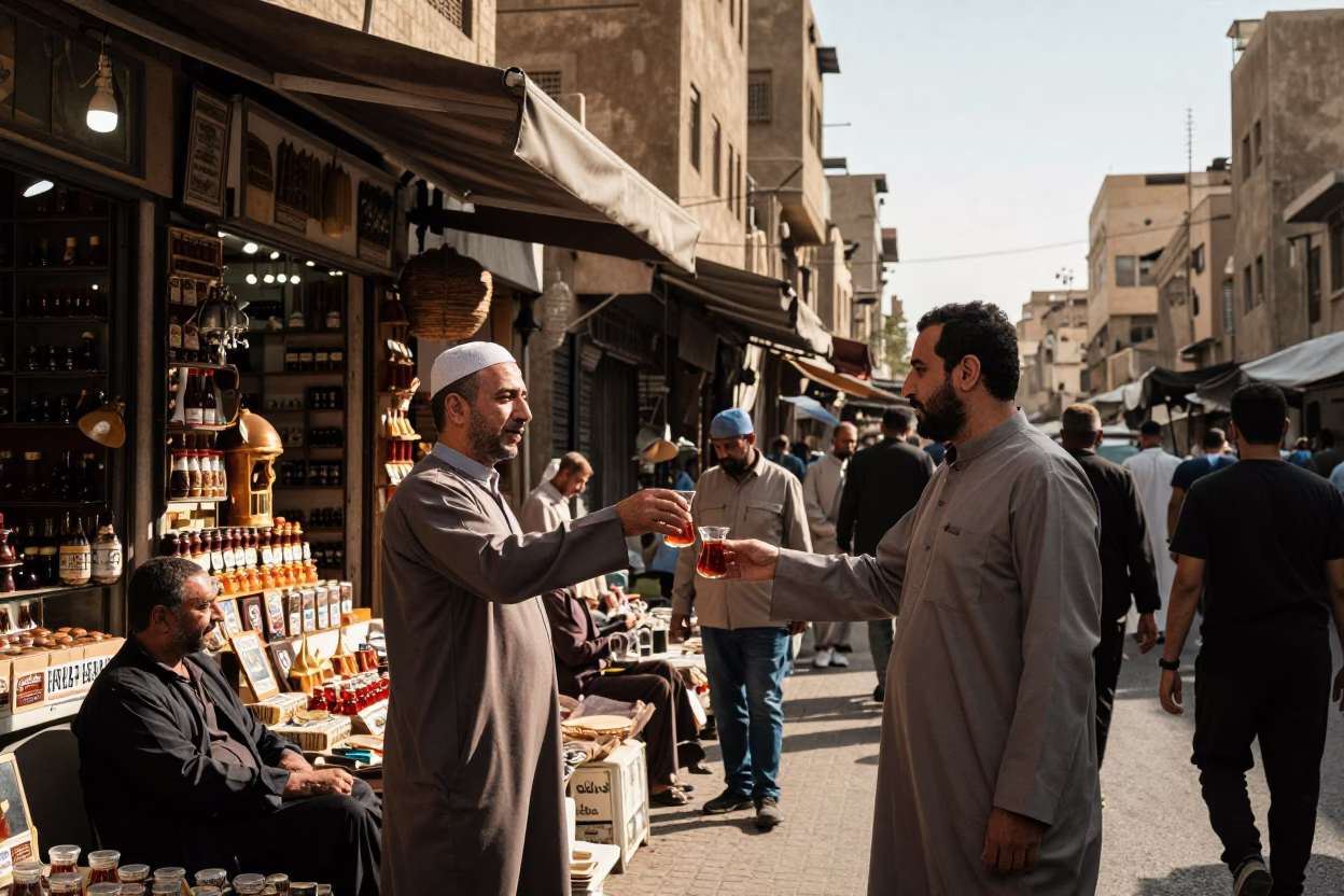 Busy Cairo Street Scene in Late Afternoon Light with Glass Carafe and Local Interaction in in Cairo, Egypt