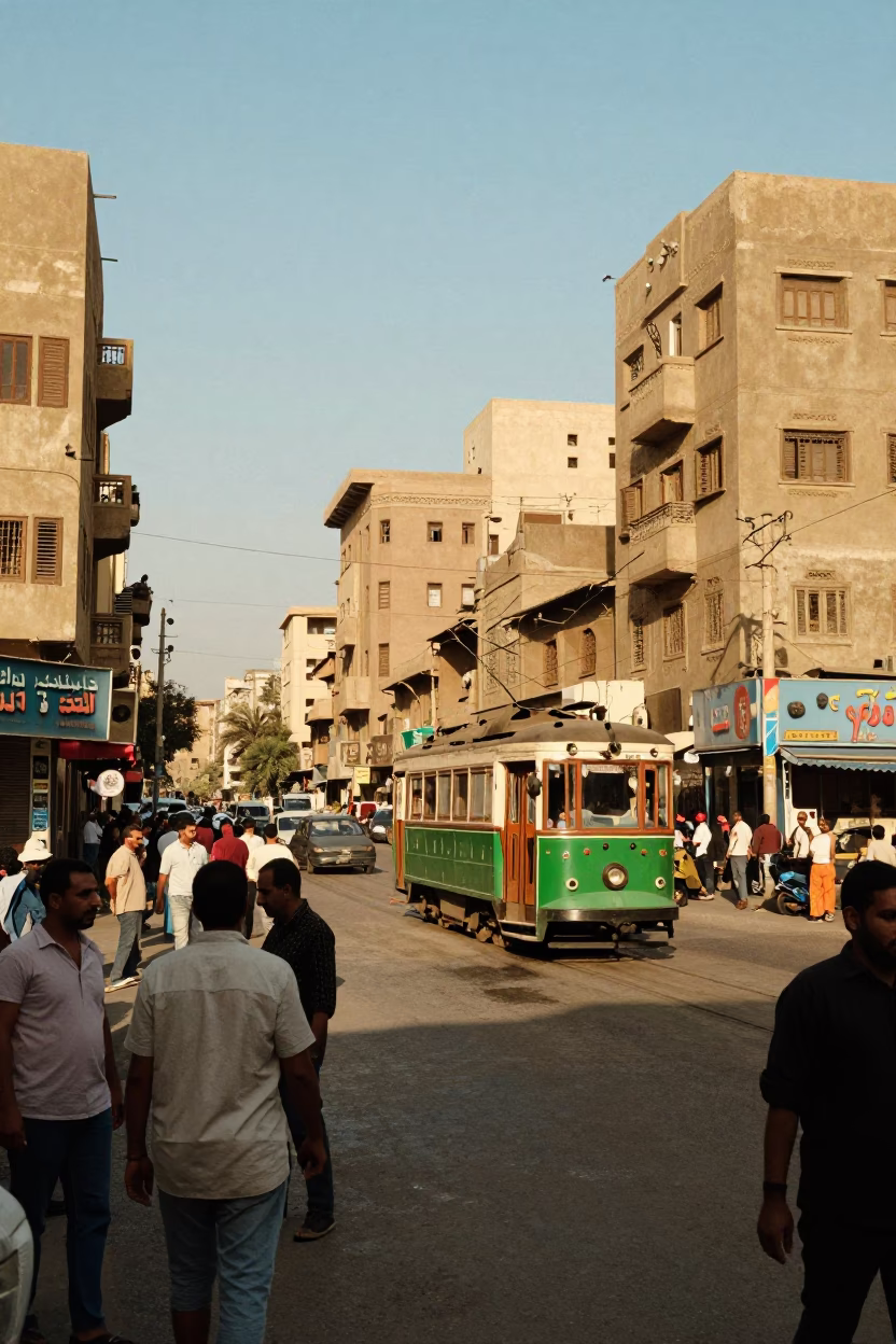 Busy Cairo Street Scene in Late Afternoon Light with Trams and Urban Details in in Cairo, Egypt