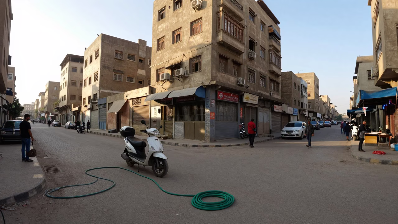 Busy Cairo Street Scene Just After Sunrise with Scooter and Garden Hose in in Cairo, Egypt