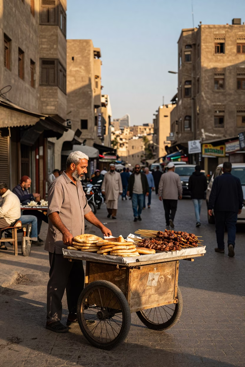 Busy Cairo Street Scene Late Afternoon Light with Vendors and Pedestrians in in Cairo, Egypt