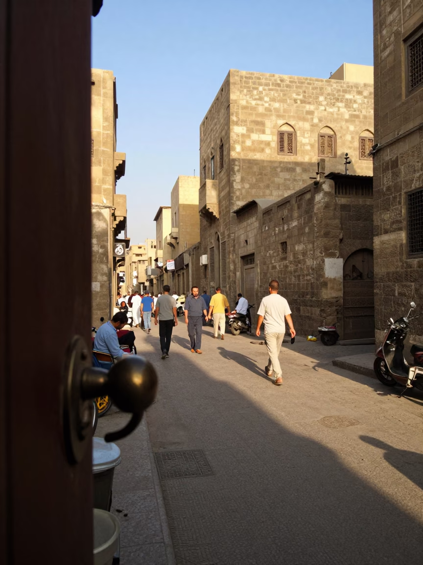 Busy Cairo Street Scene Late Afternoon with Doorknob Detail and Local Interaction in in Cairo, Egypt