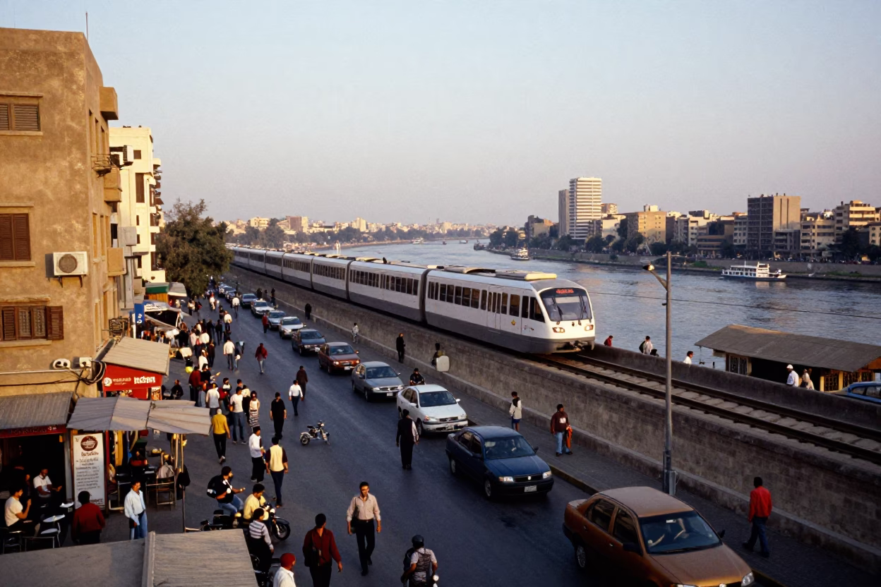 Busy Cairo Street Scene Late Afternoon with Monorail and River View in in Cairo, Egypt