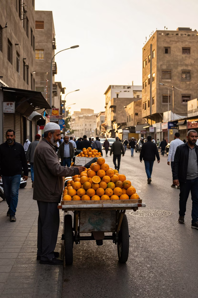 Busy Cairo Street Scene Late Afternoon with Oranges and Scooter in in Cairo, Egypt