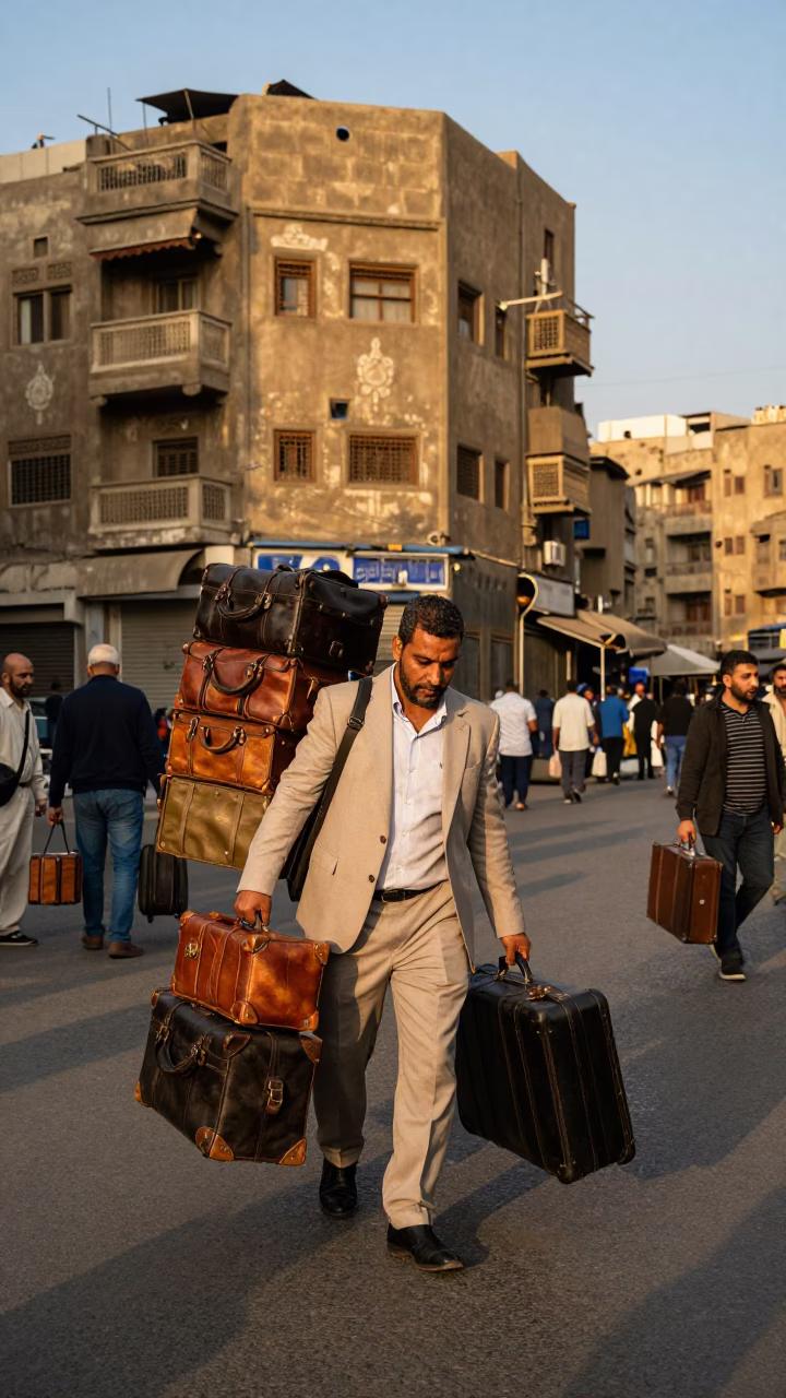Busy Cairo Street Scene Late Afternoon with Suitcases and Rusty Doorframes in in Cairo, Egypt