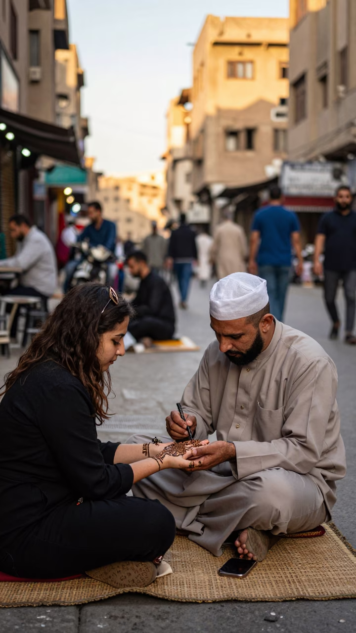 Busy Cairo Street Scene Late Afternoon with Traditional Henna Artist and Local Crowd in in Cairo, Egypt