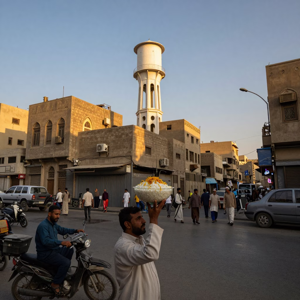 Busy Cairo Street Scene Late Afternoon with Water Tower and Kheer Vendor in in Cairo, Egypt