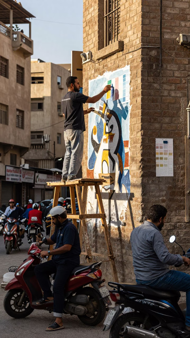 Busy Cairo Street Scene Late Morning with Muralist Painting Sample Swatches on Scaffold in in Cairo, Egypt