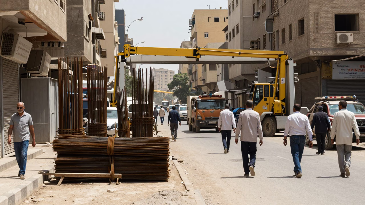 Busy Cairo Street Scene Midday with Construction Elevator Gate and Rebar Bundles in Egypt in in Cairo, Egypt