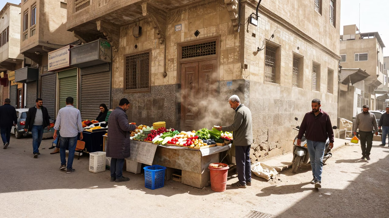 Busy Cairo Street Scene Midday with Dust on Tiles and Local Vendor Activity in in Cairo, Egypt