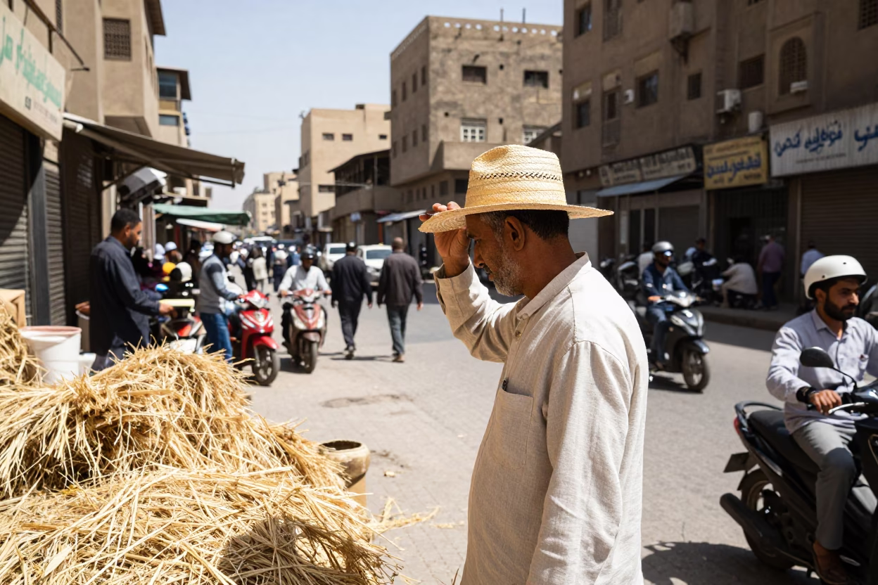 Busy Cairo Street Scene Under Noon Sun with Straw Hat and Minaret in in Cairo, Egypt