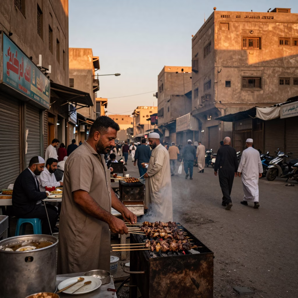 Busy Cairo Street Scene with Grilling Kebabs and Traditional Architecture at Dusk in in Cairo, Egypt