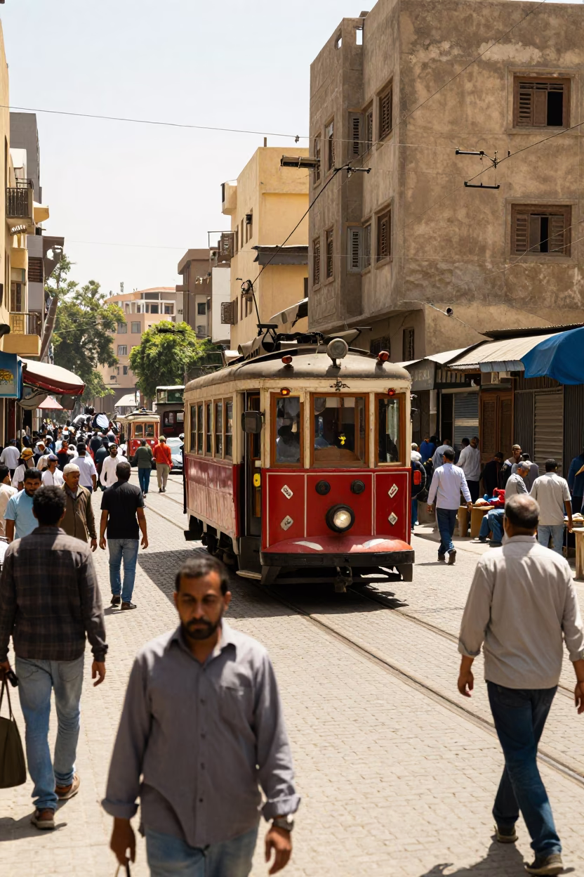 Busy Cairo Street Scene with Heritage Tram and Local Life Under Noon Sun in in Cairo, Egypt