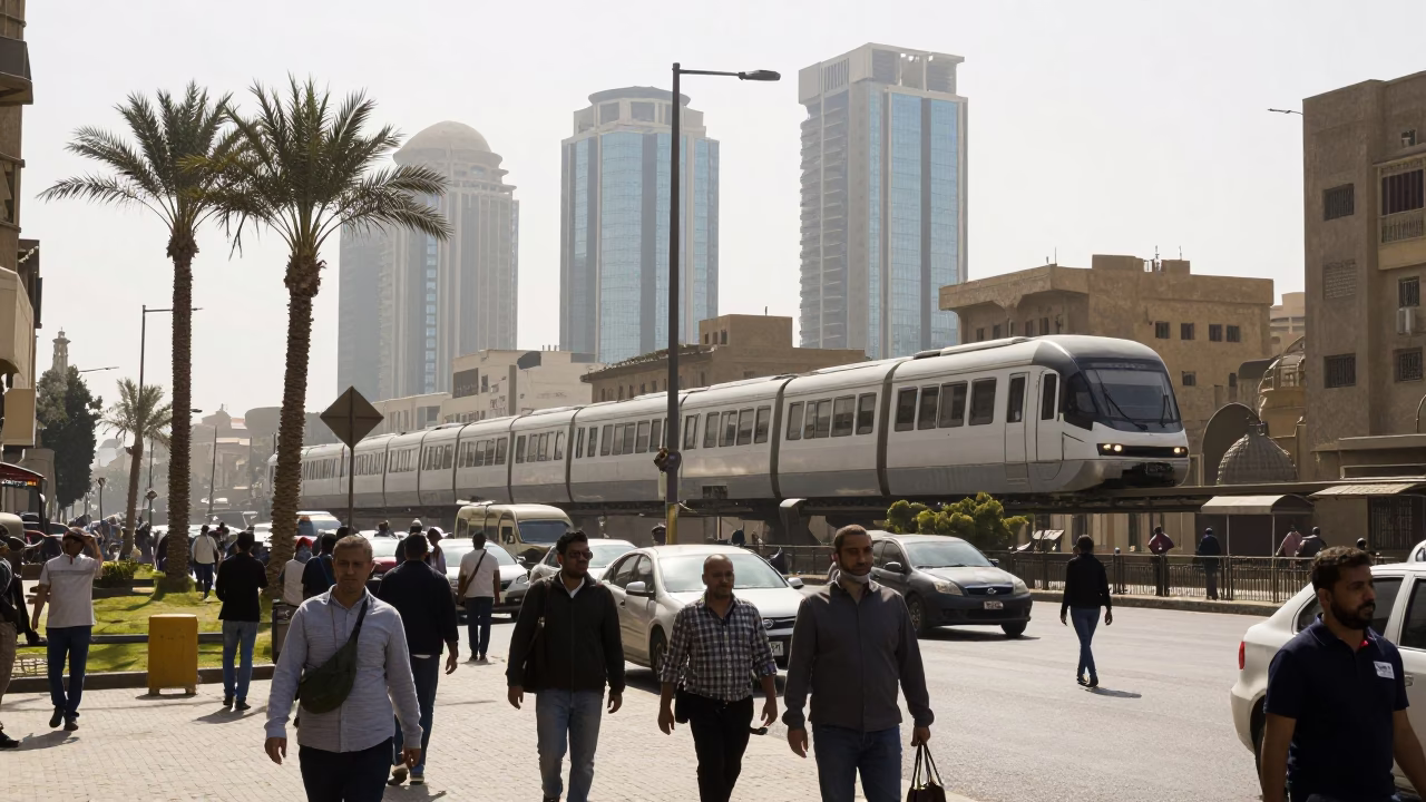 Busy Cairo Street Scene with Monorail and Palm Trees in Bright Midmorning Light in in Cairo, Egypt